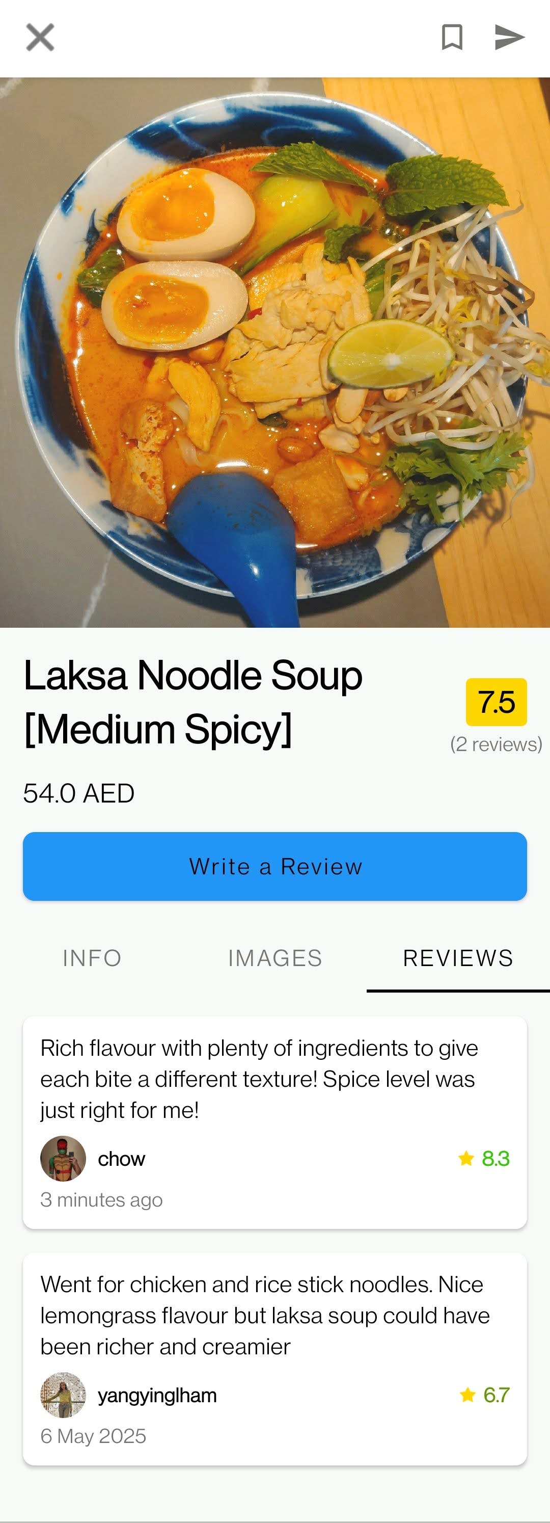 Written reviews of dishes by real users