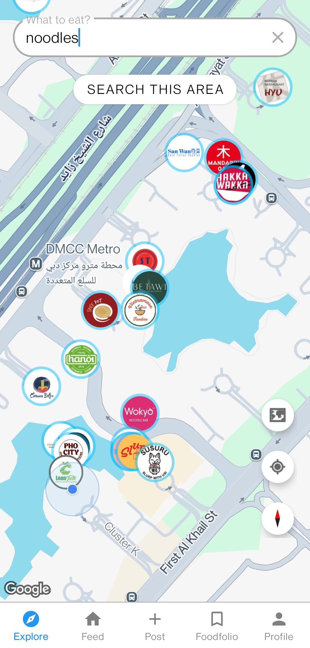Map view of Khala app showing unclustered restaurant pins