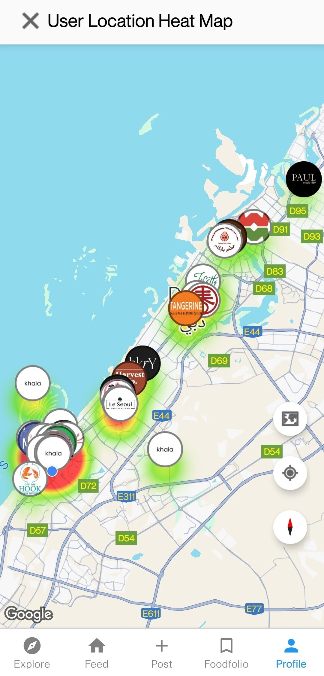Heatmap showing where users have eaten on Khala